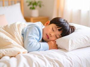 ベッドで眠る小さな男の子