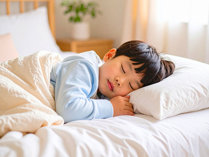 ベッドで眠る小さな男の子