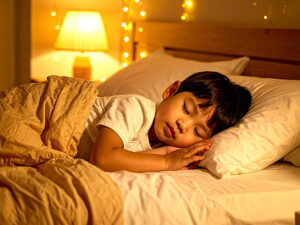 ベッドで眠る小さな男の子