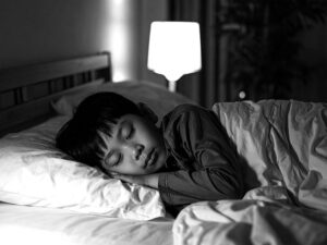 ベッドで眠る小さな男の子