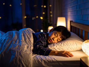 ベッドで眠る小さな男の子