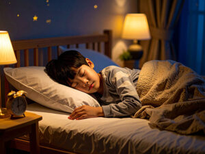 ベッドで眠る小さな男の子