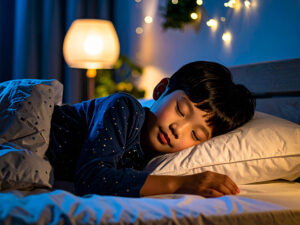 ベッドで眠る小さな男の子