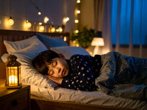 ベッドで眠る小さな男の子