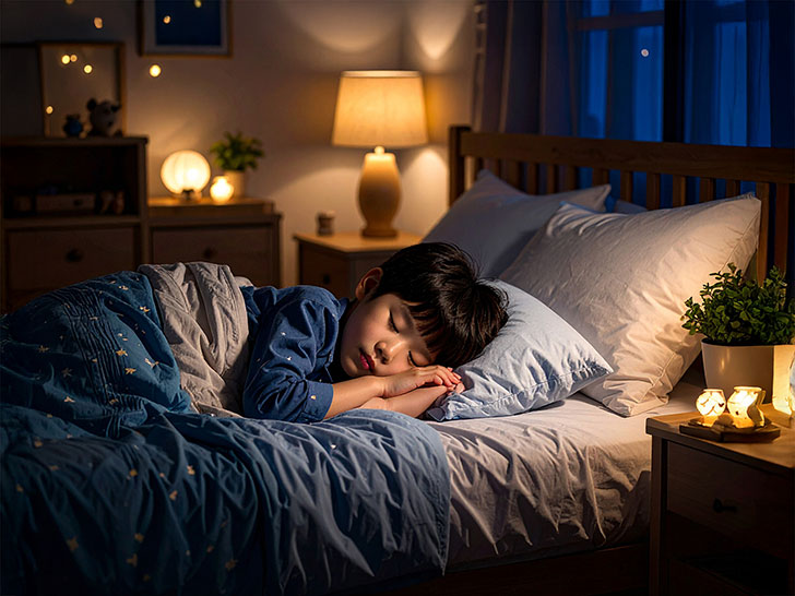 ベッドで眠る小さな男の子