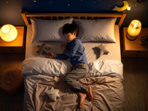 ベッドで眠る小さな男の子