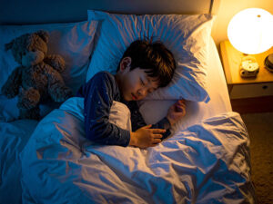 ベッドで眠る小さな男の子