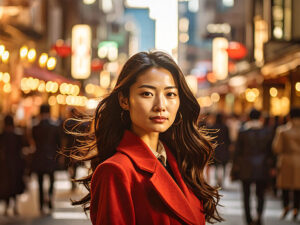 コートを着て街中に佇む若い女性