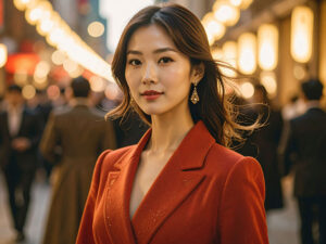 コートを着て街中に佇む若い女性