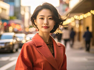 コートを着て街中に佇む若い女性
