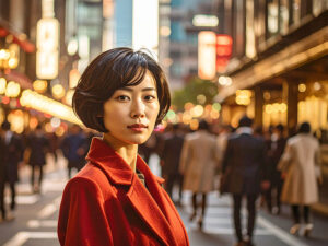 コートを着て街中に佇む若い女性