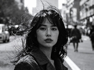 コートを着て街中に佇む若い女性
