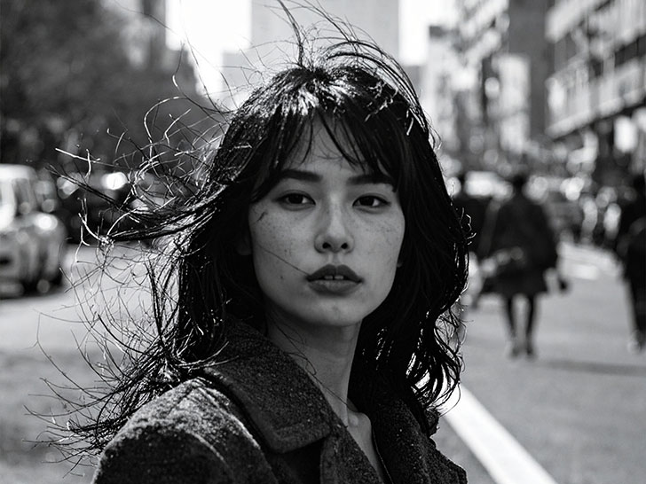 コートを着て街中に佇む若い女性