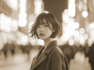 コートを着て街中に佇む若い女性