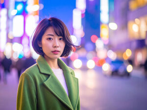 コートを着て街中に佇む若い女性