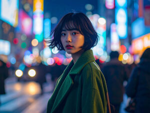 コートを着て街中に佇む若い女性