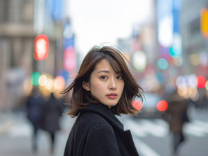 コートを着て街中に佇む若い女性