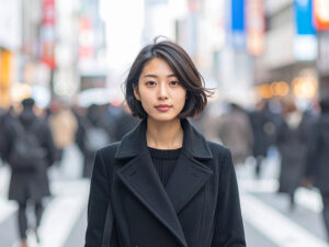 コートを着て街中に佇む若い女性
