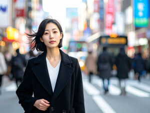 コートを着て街中に佇む若い女性