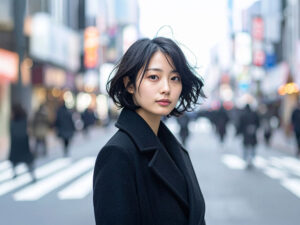 コートを着て街中に佇む若い女性