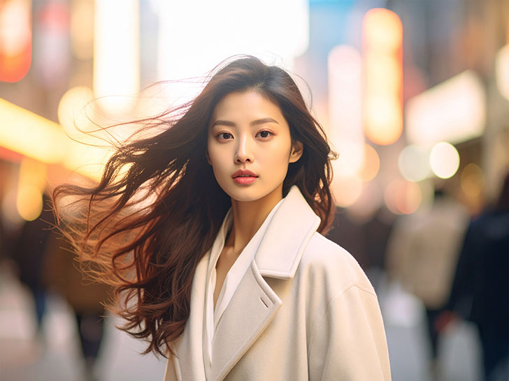 コートを着て街中に佇む若い女性