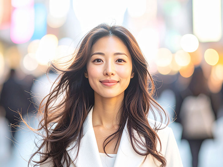 コートを着て街中に佇む若い女性