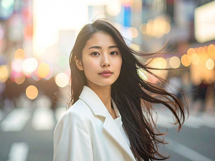 コートを着て街中に佇む若い女性