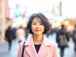 コートを着て街中に佇む若い女性