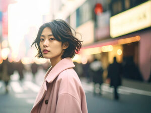 コートを着て街中に佇む若い女性