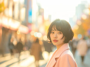 コートを着て街中に佇む若い女性