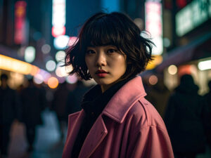 コートを着て街中に佇む若い女性