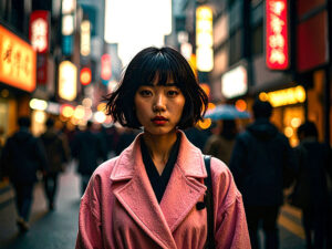 コートを着て街中に佇む若い女性