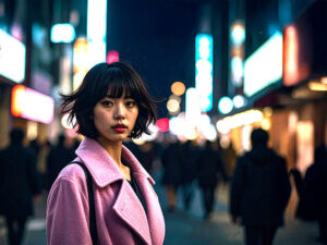 コートを着て街中に佇む若い女性