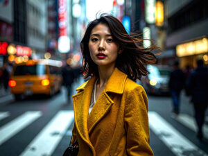 コートを着て街中に佇む若い女性