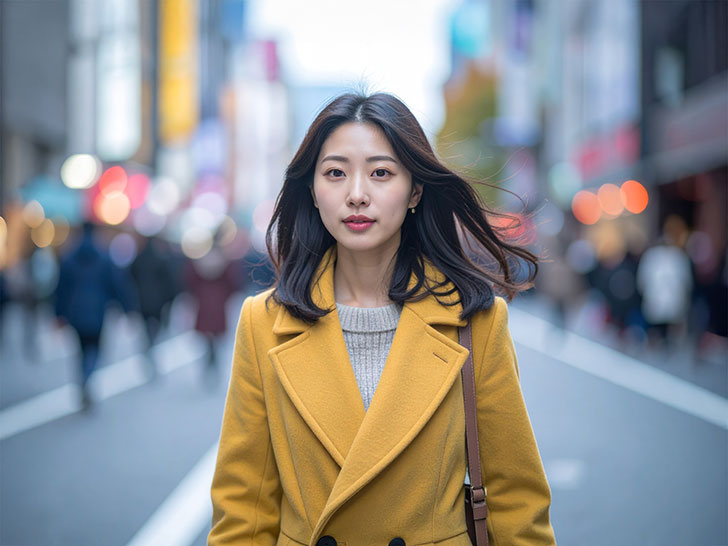 コートを着て街中に佇む若い女性