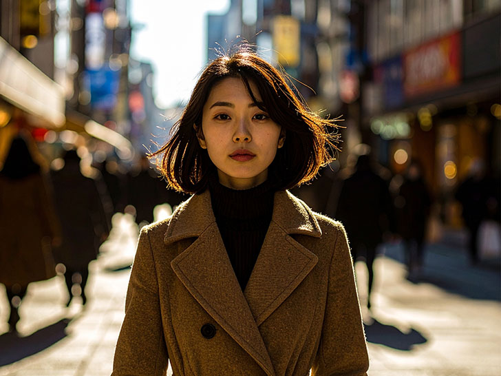 コートを着て街中に佇む若い女性