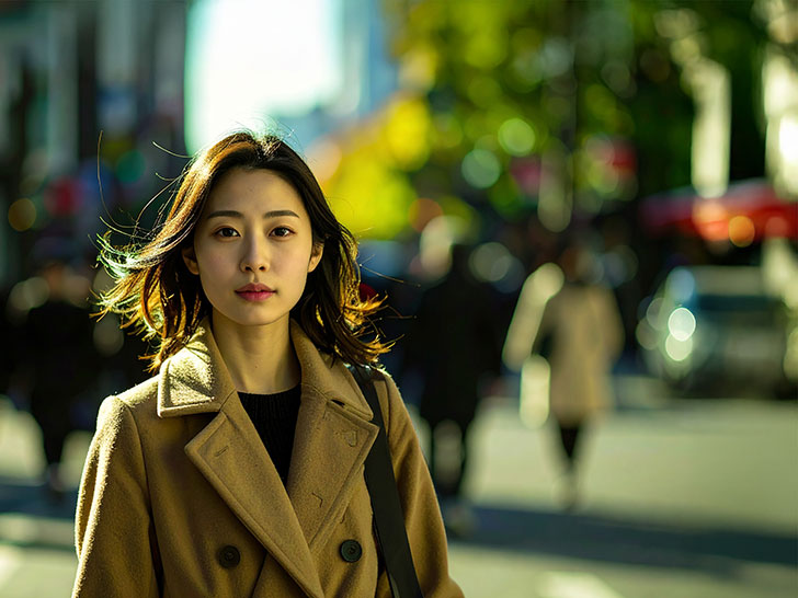 コートを着て街中に佇む若い女性