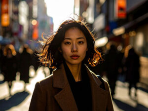 コートを着て街中に佇む若い女性