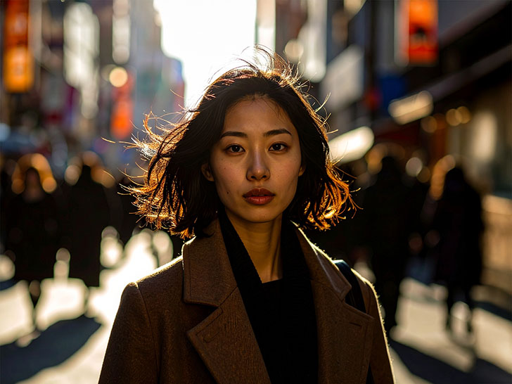 コートを着て街中に佇む若い女性
