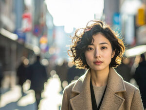 コートを着て街中に佇む若い女性