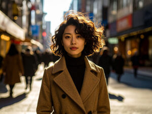 コートを着て街中に佇む若い女性