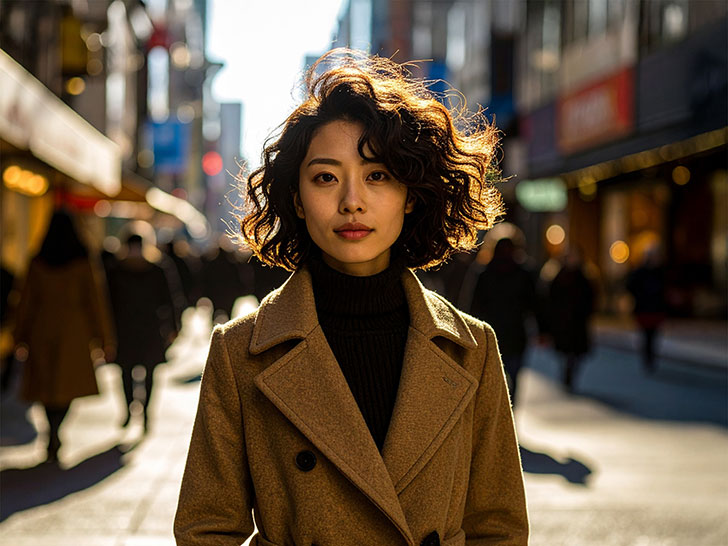 コートを着て街中に佇む若い女性