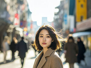コートを着て街中に佇む若い女性