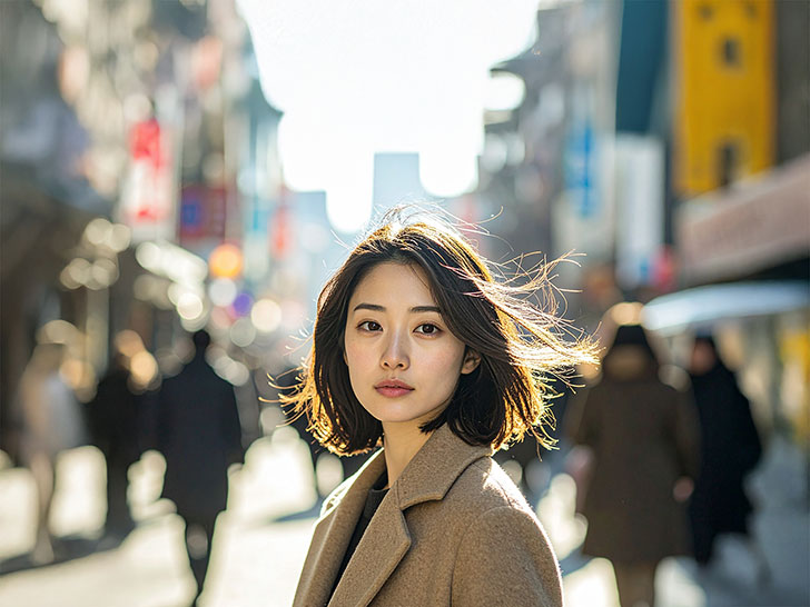 コートを着て街中に佇む若い女性