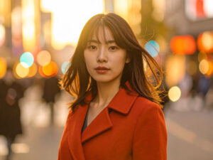 コートを着て街中に佇む若い女性