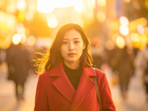 コートを着て街中に佇む若い女性