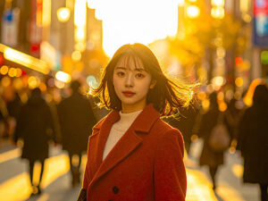 コートを着て街中に佇む若い女性