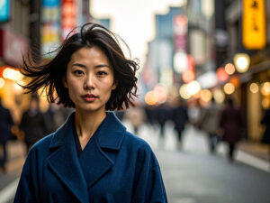コートを着て街中に佇む若い女性