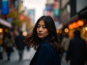 コートを着て街中に佇む若い女性