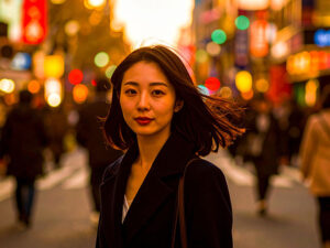 コートを着て街中に佇む若い女性